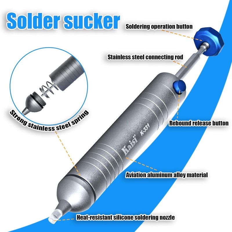 Kaisi Solder Sucker No Clog Desoldering Pump with Powerful Vacuum Suction Replaceable Heat Resistant Silicone Tube for Cooperate Soldering and Desolder Gun Iron Tool Conduct Solder Removing - Image 3